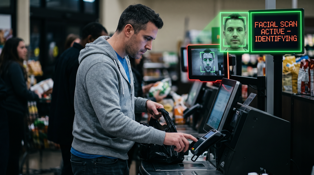 Illustration of a shopper at a grocery store self-checkout kiosk with facial recognition scanning