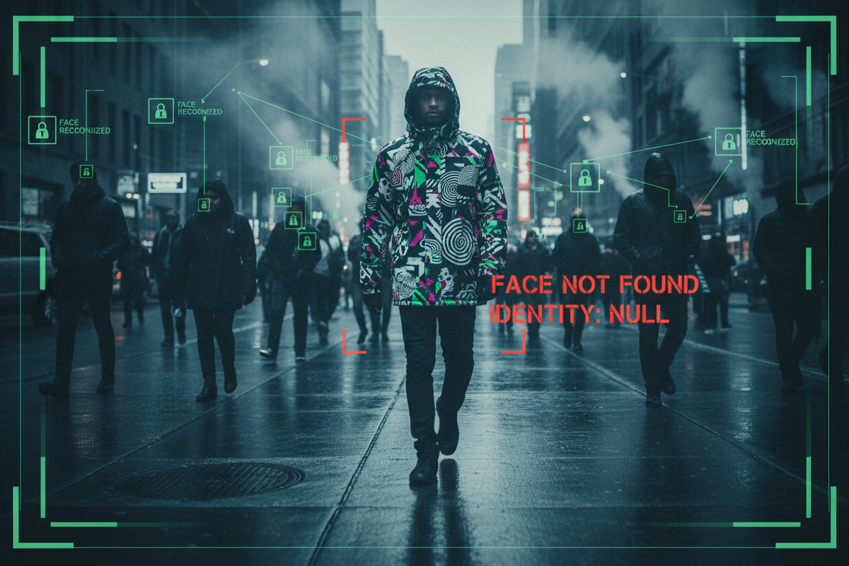 Illustration of a crowd where a facial recognition camera fails to identify one person wearing adversarial camouflage clothing
