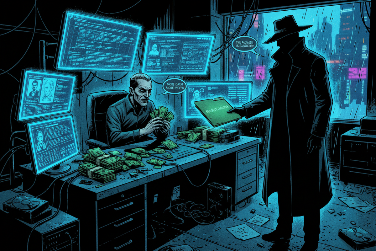 Illustration of a data broker counting money after selling a person's location data to a shadowy buyer