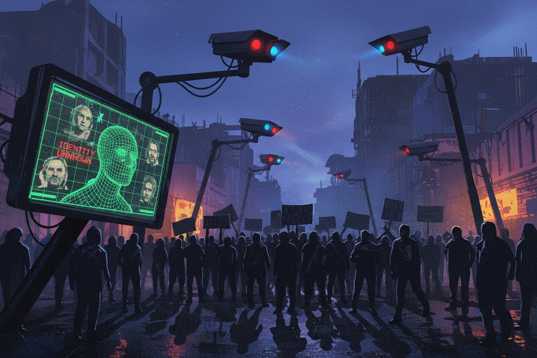 Illustration of surveillance cameras scanning faces in a crowd of protesters