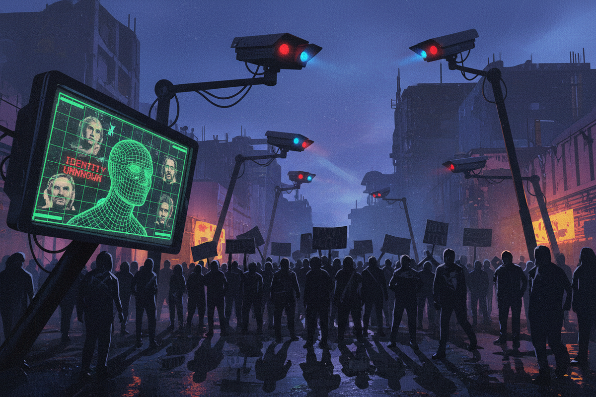 Illustration of surveillance cameras scanning faces in a crowd of protesters