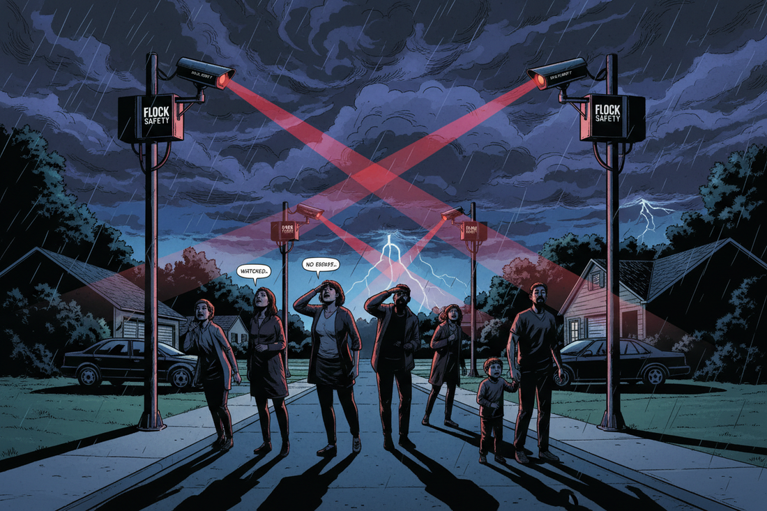 Illustration of Flock Safety license plate reader cameras monitoring a residential street