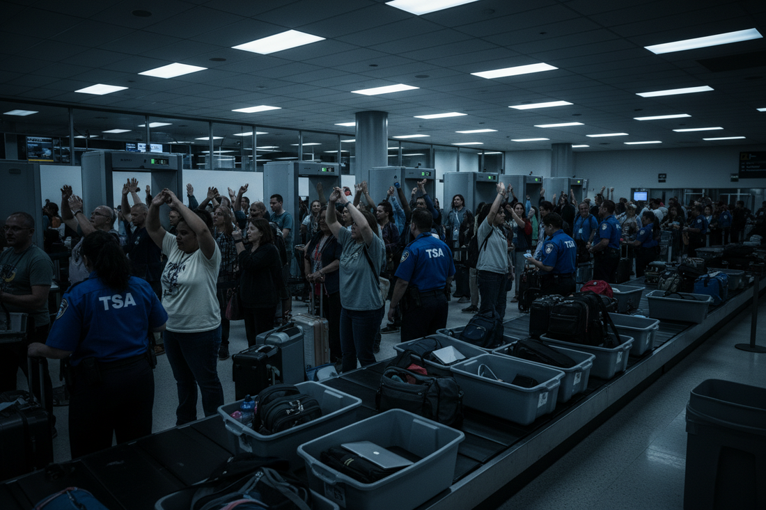 Illustration of travelers walking through TSA facial recognition scanners at an airport checkpoint