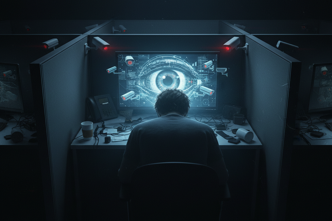 Illustration of an employee at a desk being monitored by workplace surveillance software